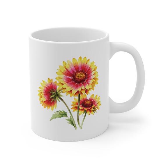Gaillardia Mug, Blanket Flower Coffee Mug, Watercolor Flower Mug, Botanical Ceramic Mug by Bill Shew