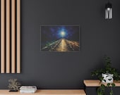 Night Pier Canvas Print, Glowing Indigo Lamplight Digital Art Print, Coastal Wall Art, Canvas Wall Decor., in-room view (Bill Shew)