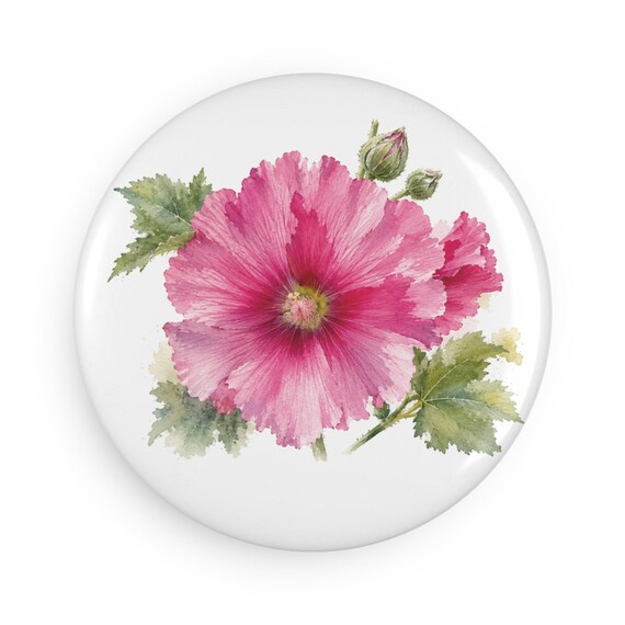 Pink Hollyhock Magnet, Watercolor Hollyhock Flower Fridge Magnet, Botanical Floral Magnet by Bill Shew