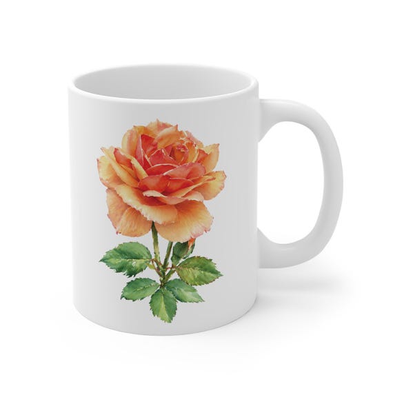 Orange Rose Mug, Watercolor Rose Coffee Mug, Botanical Floral Mug, Peach Rose Mug by Bill Shew