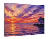 Dramatic Sunset Seascape Canvas Print, Coastal Ocean Wall Art, Textured Digital Painting, detail view (Bill Shew)