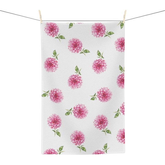 Pink Dahlia Botanical Watercolor Tea Towel, Pink Floral Kitchen Towel by Bill Shew