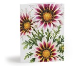 White Gazania Botanical Watercolor Greeting Card, Burgundy Floral Art by Bill Shew