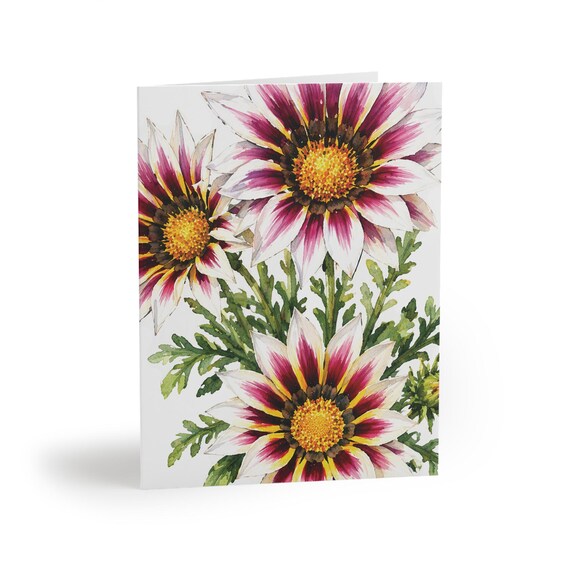 White Gazania Botanical Watercolor Greeting Card, Burgundy Floral Art White Gazania Botanical Watercolor Greeting Card, Burgundy Floral Art by Bill Shew