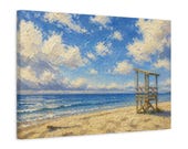 Empty Beach Canvas Print, Lifeguard Stand, Coastal Wall Art, Textured Sky (Digital Art), detail view (Bill Shew)
