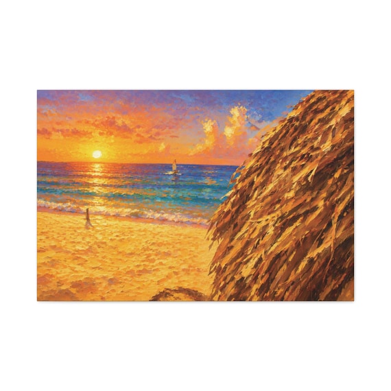 Tropical Beach Canvas Print, Thatched Palapa View Digital Art Print, Sunset Wall Art, Canvas Wall Decor, Bill Shew wall art print