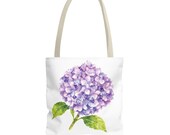 Purple Hydrangea Watercolor Tote Bag, Botanical Floral Shoulder Bag by Bill Shew