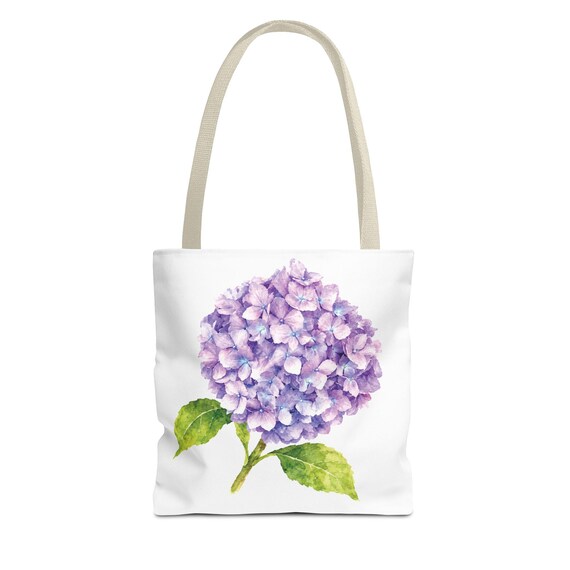 Purple Hydrangea Watercolor Tote Bag, Botanical Floral Shoulder Bag by Bill Shew