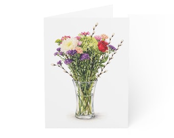 Mixed Bouquet Greeting Card, Willow and Rose Accent, Digital Art Print, Blank Inside