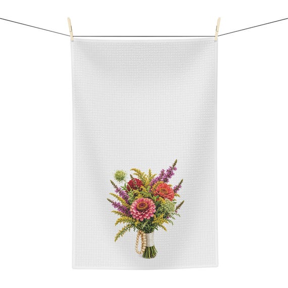 Wildflower Bouquet Botanical Watercolor Tea Towel, Cottage Garden Kitchen Towel by Bill Shew