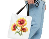 Blanket Flower Botanical Watercolor Tote Bag, Red & Yellow Floral Canvas Carryall, in-room view (Bill Shew)