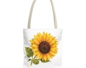 Sunflower Botanical Watercolor Tote Bag, Yellow Floral Canvas Carryall Bag by Bill Shew