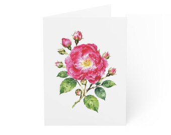 Pink Rose Greeting Card, Magenta Garden Rose Digital Art Print, Botanical Card, Blank Inside for Any Occasion