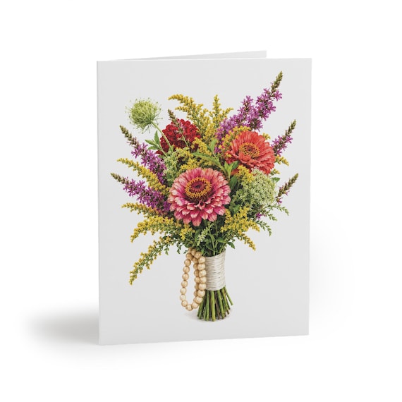Colorful Zinnia Wildflower Bouquet Greeting Card Botanical Watercolor by Bill Shew