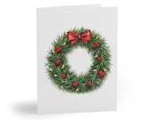 Watercolor Christmas Wreath Greeting Card, Evergreen Holiday Card with Red Bow by Bill Shew