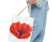 Red Poppy Watercolor Tote Bag, Botanical Floral Canvas Bag, Poppy Flower Tote, in-room view (Bill Shew)