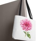 Pink Dahlia Botanical Watercolor Tote Bag, Floral Canvas Carryall Bag, framing detail (Bill Shew)