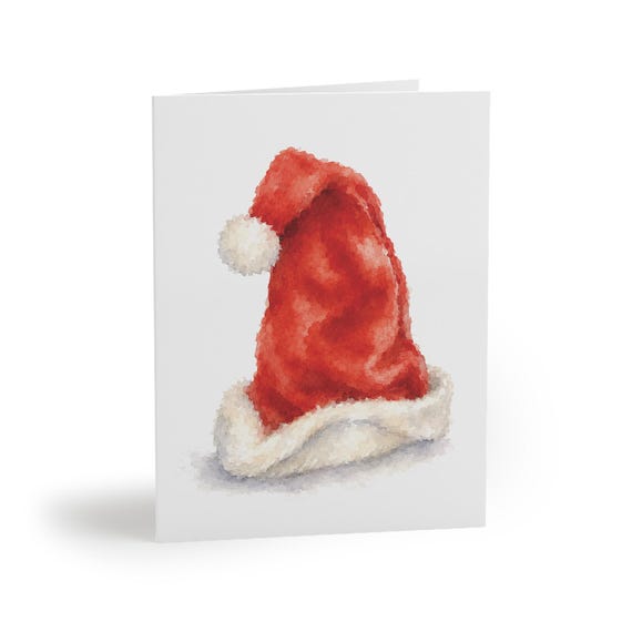 Santa Hat Christmas Greeting Card, Watercolor Holiday Card, Red Santa Hat Art by Bill Shew