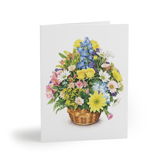 8 cards - Colorful Wildflower Bouquet Greeting Card, Mixed Flower Botanical Watercolor by Bill Shew
