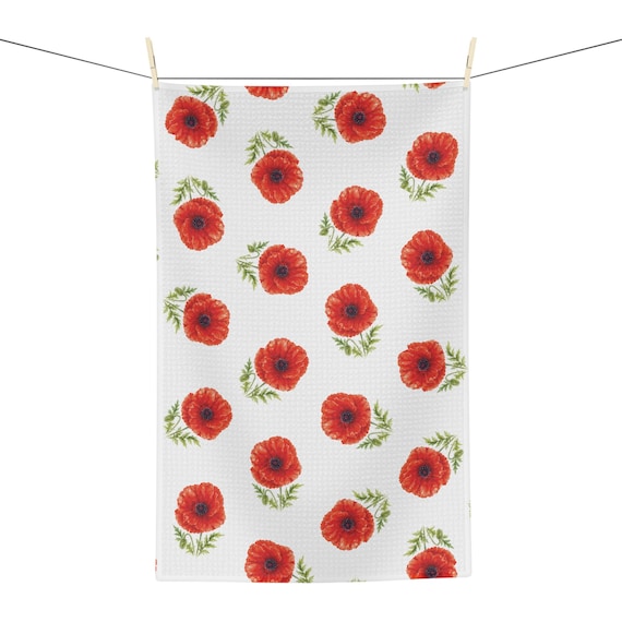 Red Poppy Botanical Watercolor Tea Towel, Poppy Floral Kitchen Towel by Bill Shew