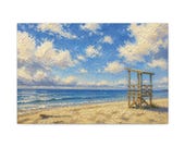 Empty Beach Canvas Print, Lifeguard Stand, Coastal Wall Art, Textured Sky (Digital Art) by Bill Shew