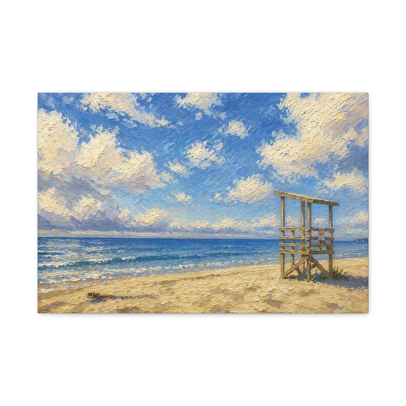 Empty Beach Canvas Print, Lifeguard Stand, Coastal Wall Art, Textured Sky (Digital Art) by Bill Shew