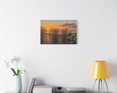 Lakeside Sunset Canvas Print, Golden Grass, Hydrangeas, Gull, Textured Brushwork Wall Art, alternate view (Bill Shew)