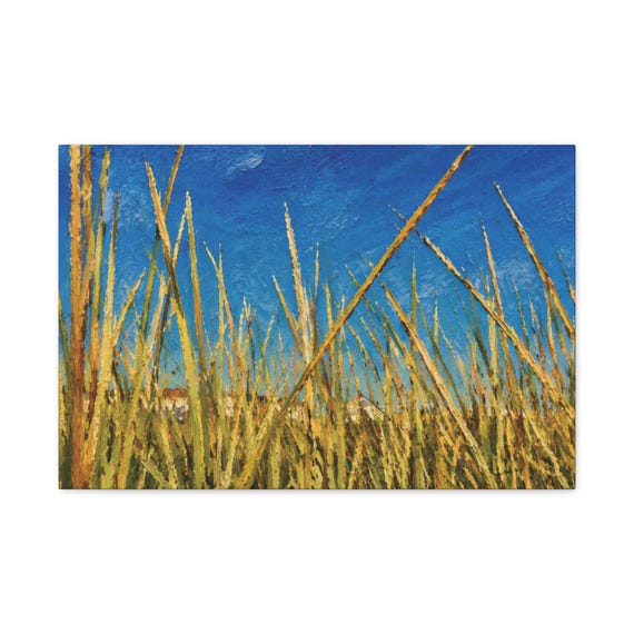 Dune Grass Canvas Print, Golden Blue Sky Coastal Beach Wall Art (Digital Print) by Bill Shew