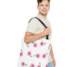 Pink Dahlia Botanical Watercolor Tote Bag, Floral Canvas Carryall, close-up (Bill Shew)