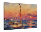 Pink Sky Sailboat Canvas Print, Textured Sunset Harbor Coastal Wall Art, detail view (Bill Shew)