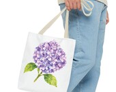 Purple Hydrangea Watercolor Tote Bag, Botanical Floral Shoulder Bag, in-room view (Bill Shew)
