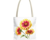 Blanket Flower Botanical Watercolor Tote Bag, Red & Yellow Floral Canvas Carryall by Bill Shew