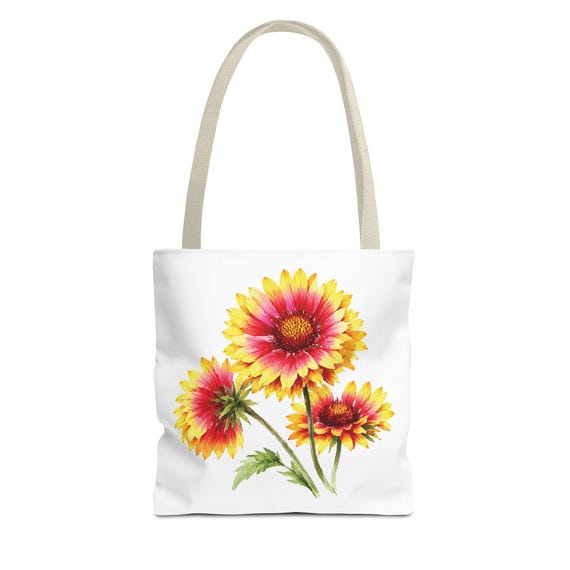 Blanket Flower Botanical Watercolor Tote Bag, Red & Yellow Floral Canvas Carryall by Bill Shew