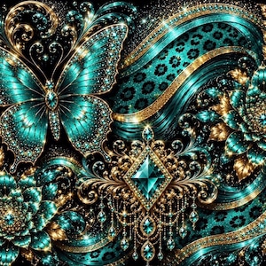 Peut inclure: Une illustration numérique représentant un grand papillon sarcelle avec des accents dorés, deux fleurs épanouies sarcelle et dorées, et un ornement central en forme de losange avec des cristaux suspendus sur un fond noir à volutes dorées.