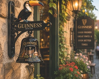 Vintage Guinness Toucan Pub Wall Bell, Rustic Home Bar Decor, Irish Harp Hanging Accent