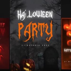 May include: A collection of six digital Halloween party posters featuring dark, atmospheric imagery including glowing jack-o'-lanterns, a tombstone, a basketball, and a bloody handprint, with text reading Halloween Party and Trick or Treat.