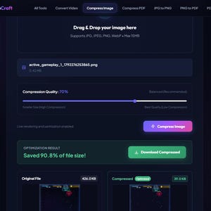 May include: A dark-themed web interface for FileCraft image compression featuring a drag and drop area, a compression quality slider set to 70%, a purple Compress Image button, and an optimization result box showing 90.8% file size savings.