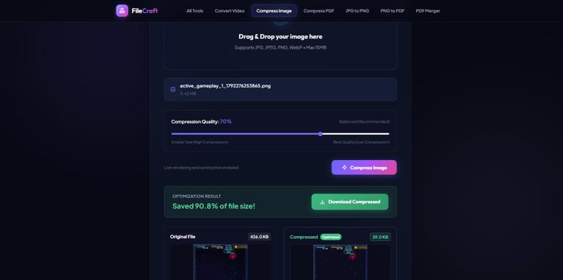 May include: A dark-themed web interface for FileCraft image compression featuring a drag and drop area, a compression quality slider set to 70%, a purple Compress Image button, and an optimization result box showing 90.8% file size savings.
