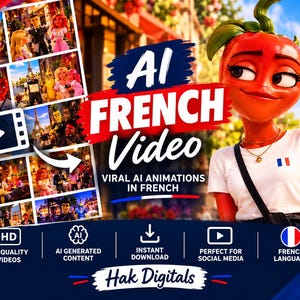 May include: A digital graphic featuring a cartoon tomato character wearing a white t-shirt with a French flag patch, set against the Eiffel Tower. The image includes a collage of animated scenes, the text AI FRENCH Video, and Hak Digitals.