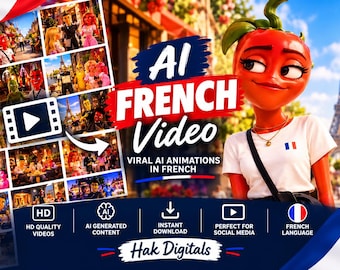 50 französische KI-Fruchtvideos im Paket, niedliche sprechende Früchte, Französisch-Lernclips, digitaler Video-Download