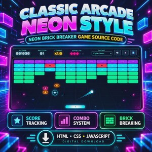 Neon Brick Breaker Spielquellcode | HTML CSS JavaScript Arcade-Projekt (Digitaler Download)