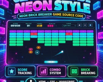 Neon Brick Breaker Game Source Code | HTML CSS JavaScript Arcade Project (Digital Download)