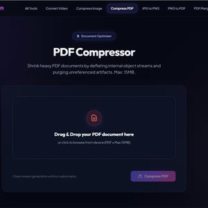 May include: A dark-themed web interface for a PDF Compressor tool by FileCraft. The page features a central upload box with the text Drag & Drop your PDF document here, a Compress PDF button, and a header with navigation links for various file tools.