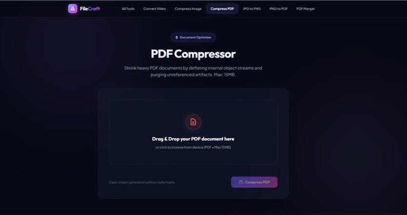 May include: A dark-themed web interface for a PDF Compressor tool by FileCraft. The page features a central upload box with the text Drag & Drop your PDF document here, a Compress PDF button, and a header with navigation links for various file tools.