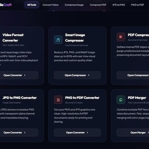 May include: A dark interface for FileCraft featuring six tool cards: Video Format Converter, Smart Image Compressor, PDF Compressor, JPG to PNG Converter, PNG to PDF Converter, and PDF Merger, each with descriptive text and an Open button.
