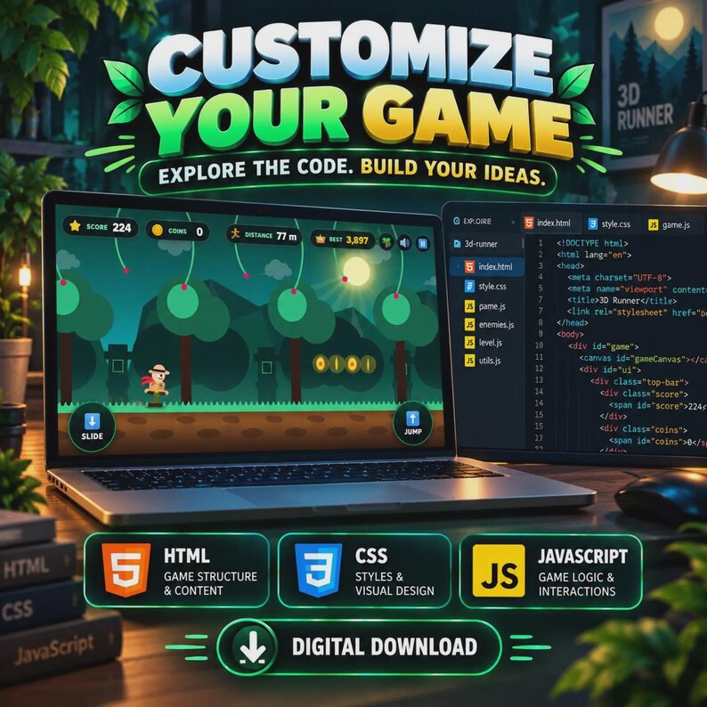 May include: A laptop displaying a 2D side-scrolling game with a character, score, and coins, alongside a code editor showing HTML, CSS, and JavaScript files. Text reads: CUSTOMIZE YOUR GAME, EXPLORE THE CODE. BUILD YOUR IDEAS, and DIGITAL DOWNLOAD.