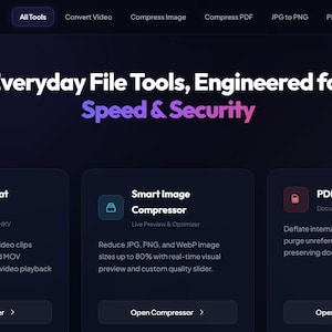 May include: The FileCraft website interface features a dark theme with the text Everyday File Tools, Engineered for Speed & Security. It displays three tool cards: Video Format Converter, Smart Image Compressor, and PDF Compressor.