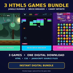 Paquete de 3 juegos HTML5: 3D Runner, Brick Breaker y Candy Puzzle, código fuente JavaScript.