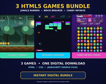 3 HTML5 Games Bundle, 3D Runner, Brick Breaker and Candy Puzzle, JavaScript Source Code