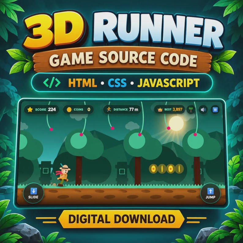 May include: A digital graphic for 3D Runner game source code featuring HTML, CSS, and JavaScript. The display shows a mobile game interface with a character running through a forest, score, coins, distance, and jump or slide controls.